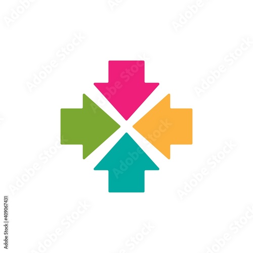 four colorful squared arrows point to the center. Triple Collide Arrows icon.