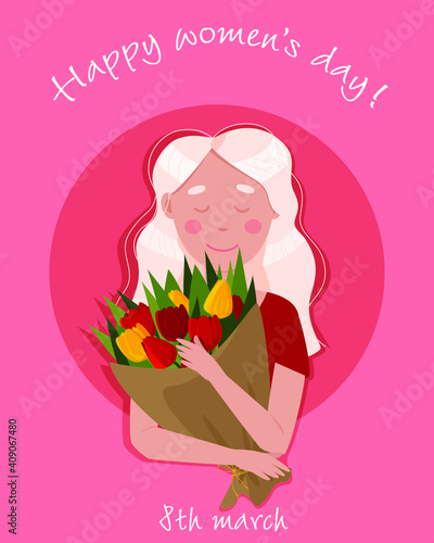 International Women's Day. March 8. Pretty girl with a bouquet of tulips. For postcards, header, apps, banner, landing page