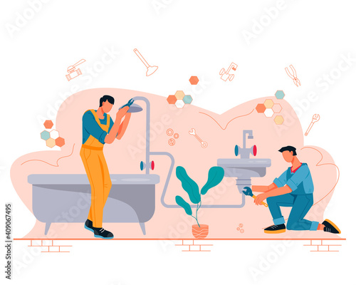 Plumbing repair service employees at work, flat vector illustration isolated on white background. Banner background for plumbing and home piping service.