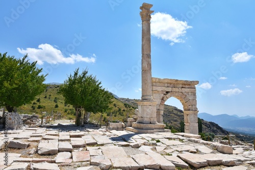 Marble ach and columns in Sagalassos Ancient City, Burdur, Turkey. Ruins of the ancient Roman city of Sagalassos.