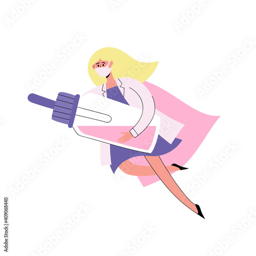 Vector illustration of doctor-superhero flying with nose drops to patient.