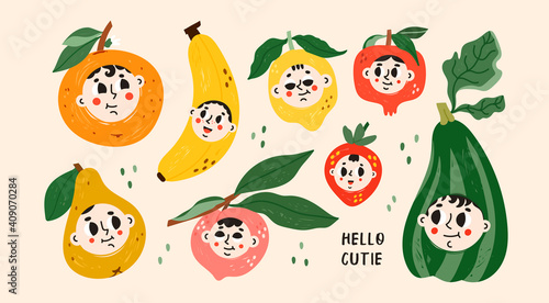 Various joyful Fruits and Vegetable with human faces. Calmness and happiness emotions. Cute funny characters. Cartoon style. Hand drawn colored Vector illustration. All elements are isolated