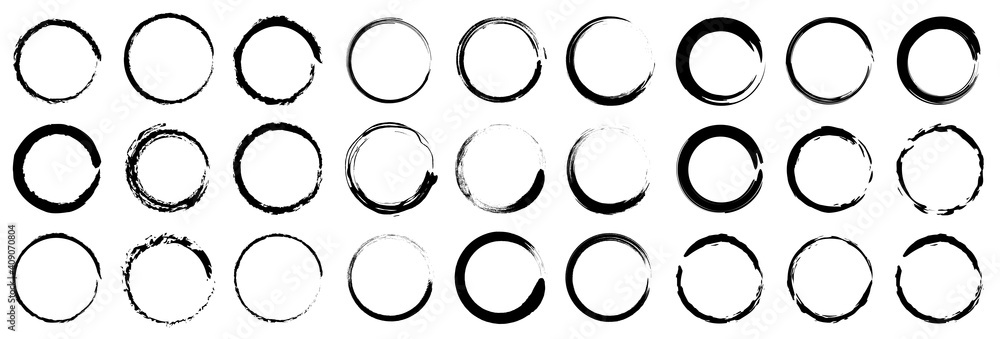 Set of grunge circles. Abstract black paint brushstroke circles pack.Set of vector black circles. Black spots on white background isolated. Vector illustration.