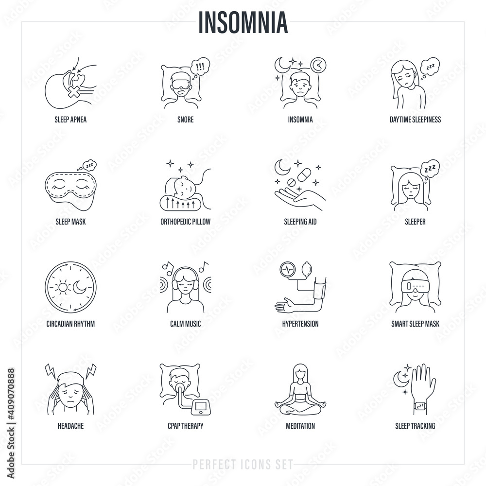 Insomnia set. Methods of prevention: sleep apnea, CPAP therapy, orthopedic pillow, sleep mask, pills, circadian rhythm, calm music, hypertension. Thin line icons. Vector illustration.