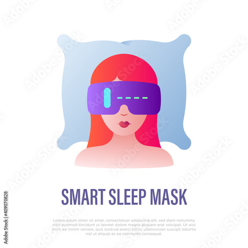 Girl sleeping in smart sleep mask on pillow. Gadget for relaxation and better sleep. Insomnia prevention. Thin line icon. Vector illustration.