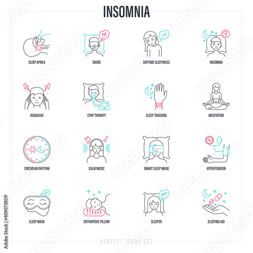 Insomnia set. Methods of prevention: sleep apnea, CPAP therapy, orthopedic pillow, sleep mask, pills, circadian rhythm, calm music, smart sleep mask, meditation. Thin line icons. Vector illustration.