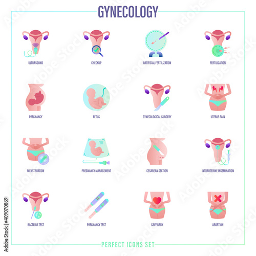 Gynecology flat gradient icons set. Ultrasound, check up, artificial fertilization, pregnancy, fetus, gynecological surgery, menstruation, cesarian section, pregnancy test. Vector illustration.