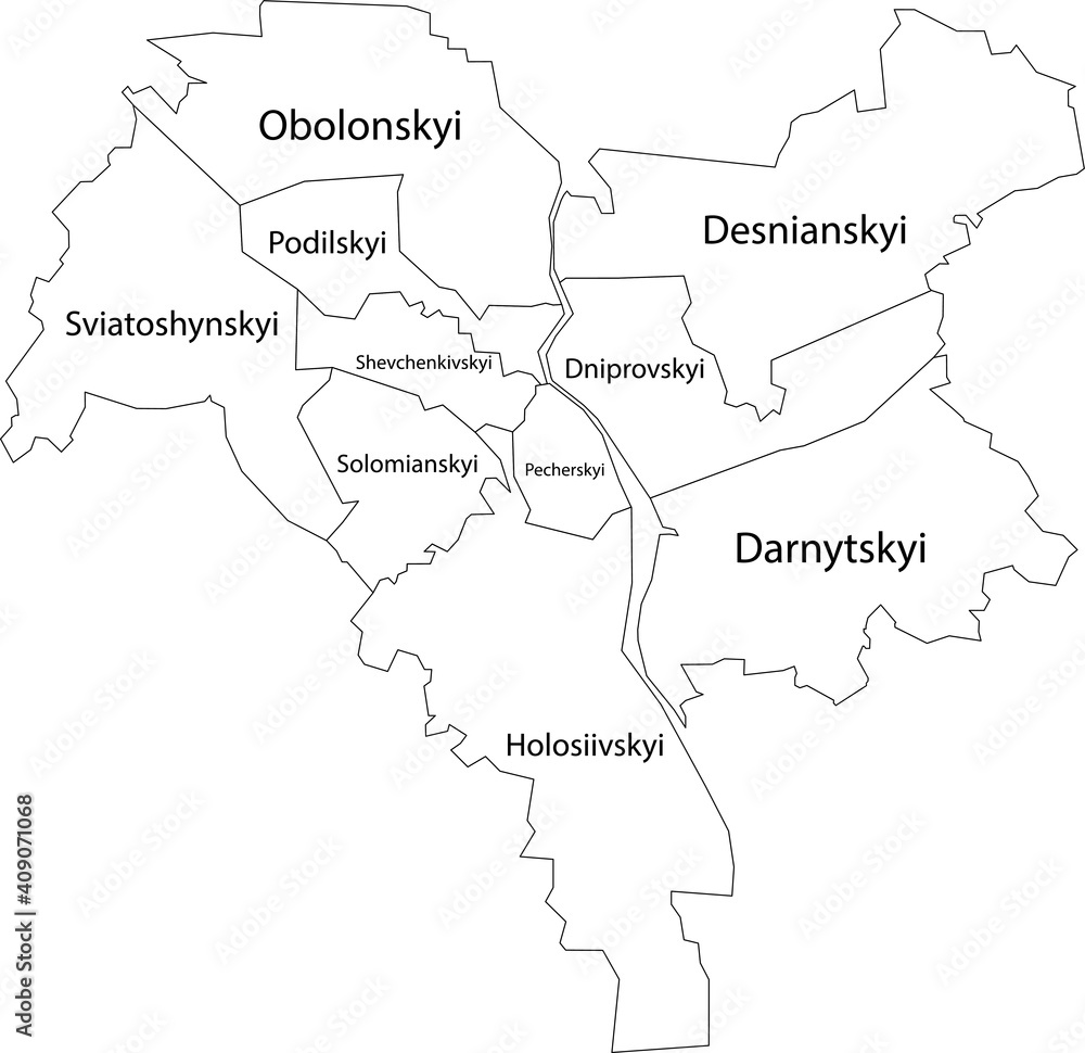 Simple vector white map with black borders and names of districts of Kiev/Kyiv, Ukraine