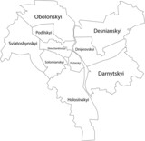 Simple vector white map with black borders and names of districts of Kiev/Kyiv, Ukraine