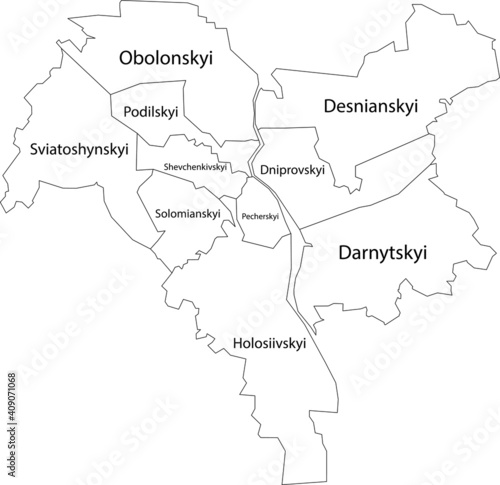 Simple vector white map with black borders and names of districts of Kiev Kyiv  Ukraine