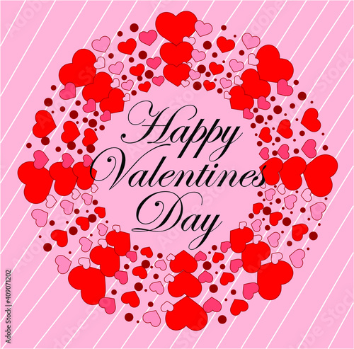 Valentine, pink background with white lines. a circle made of hearts of different sizes and in the center the phrase happy valentines day