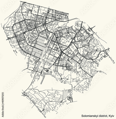 Black simple detailed street roads map on vintage beige background of the neighbourhood Solomianskyi district of Kiev/Kyiv, Ukraine