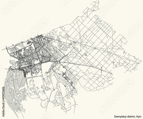 Black simple detailed street roads map on vintage beige background of the neighbourhood Darnytskyi district of Kiev/Kyiv, Ukraine