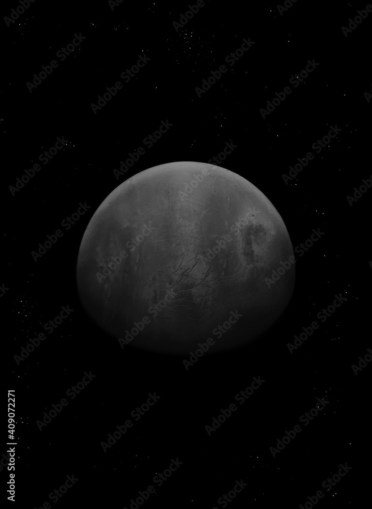 Dark mysterious planet in deep space. Satellite of the planet on a black background with stars.