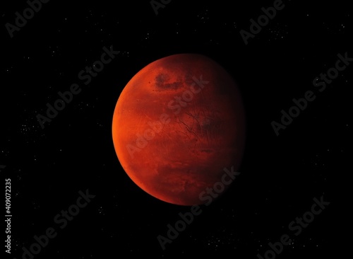 Mysterious red planet in space with stars. The surface of a beautiful stone planet. 