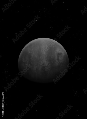 Dark mysterious planet in deep space. Satellite of the planet on a black background with stars.