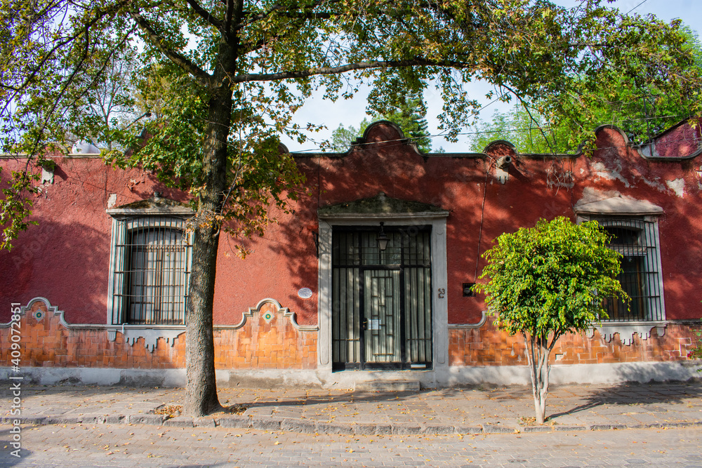 Old red building and trees in Mexico City