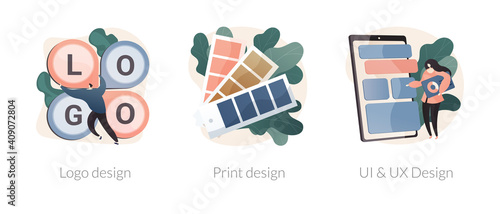Design agency services abstract concept vector illustration set. Logo and print design, UI and UX, brand visual ID, business card, mobile app user interface and interaction abstract metaphor.