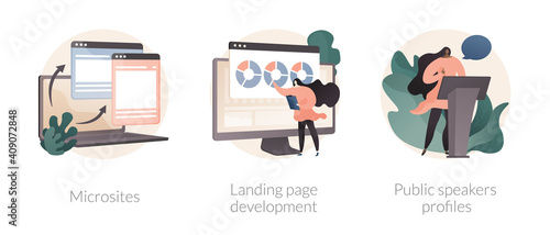 Web development service abstract concept vector illustration set. Microsites and landing page development, public speakers profiles, company page, conference speaker, coding abstract metaphor.
