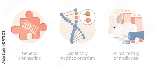 Biotechnology abstract concept vector illustration set. Genetic engineering, genetically modified organism, animal testing of medicines, transgenic organism, lab experiment abstract metaphor.