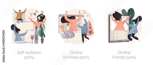 Virtual communication abstract concept vector illustration set. Self-isolation party, online birthday, online friends meeting, video call, quarantine fun, coronavirus outbreak abstract metaphor.