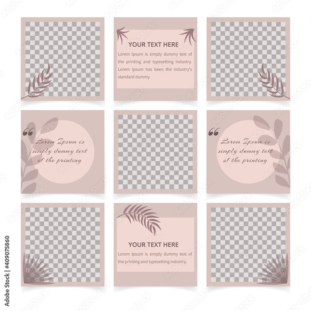Minimal square template with leaf shadows overlay. Social media post templates set. Minimalist floral background. Usable for social media posts, mobile apps, banners design and web internet ads
