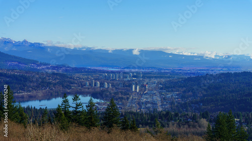 Port Moody, BC, Canada, at Burrard Inlet with Fraser Valley and mountain backdrop 