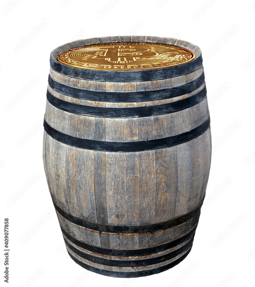 Fototapeta premium Wooden keg barrel storage Blockchain Bitcoin.