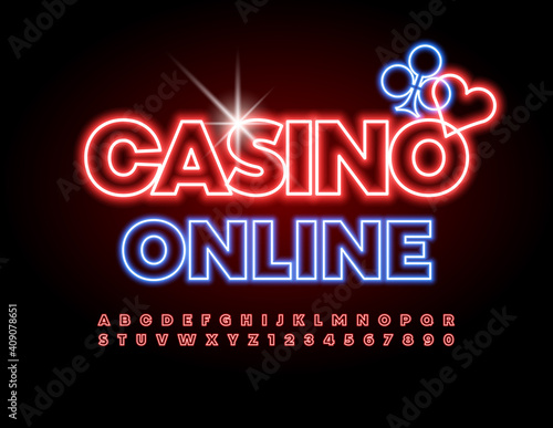 Vector neon logo Casino Online. Red Glowing Font Illuminated Led Alphabet Letters and Numbers set