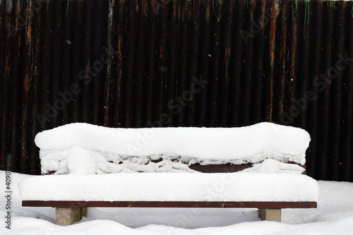 View on a snow-covered bench