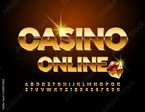 Vector digital sign Casino Online with Decorative Dice. Premium shiny Font. Gold Alphabet Letters and Numbers set