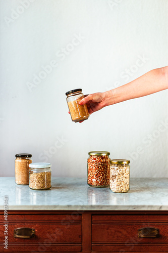 jars of legumes and grains zero waste and organic photo