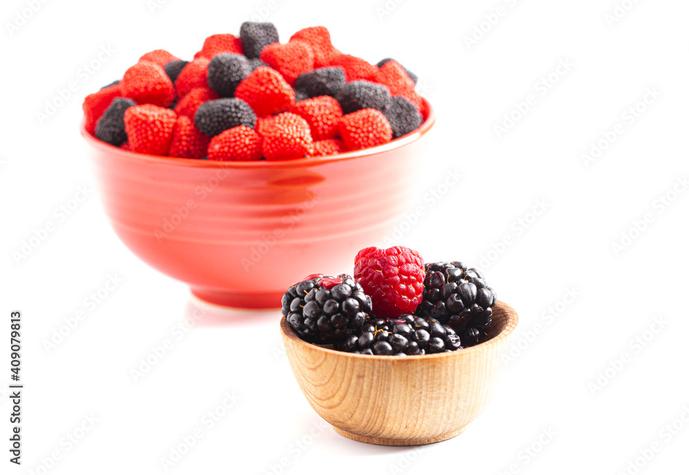 Raspberry and Blackberry Gummy Candies on a White Background Raspberry and Blackberry Gummy Candies on a White Background