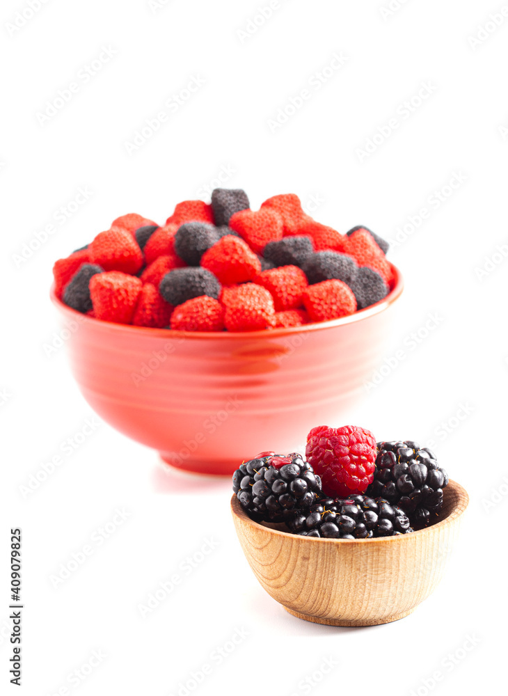 Raspberry and Blackberry Gummy Candies on a White Background Raspberry and Blackberry Gummy Candies on a White Background