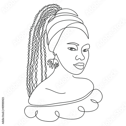 Line drawing african woman with turban. Portrait beauty of african girl isolated on white background. Hand drawn fashion illustration. Vector on a transparent background