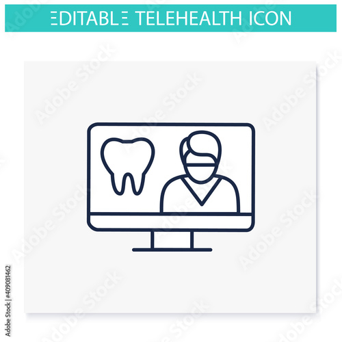 Teledentistry line icon. Telehealth medical care. Virtual dentist consultation. Telemedicine, health care concept. Online stomatology, dental medicine. Isolated vector illustration. Editable stroke 