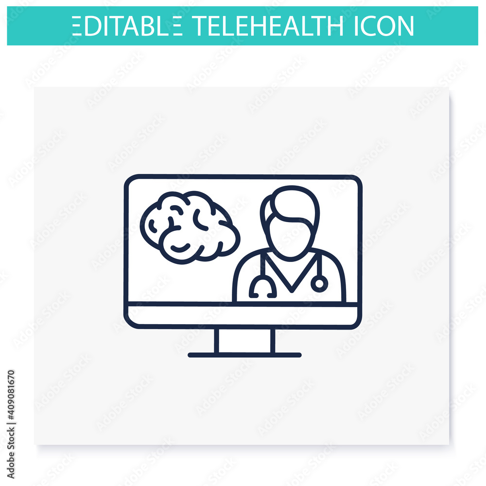 Teleneurology line icon. Telehealth medical care. Virtual neurologist consultation. Telemedicine, health care concept. Online medicine, neuroscience. Isolated vector illustration. Editable stroke Teleneurology line icon. Telehealth medical care. Virtual neurologist consultation. Telemedicine, health care concept. Online medicine, neuroscience. Isolated vector illustration. Editable stroke