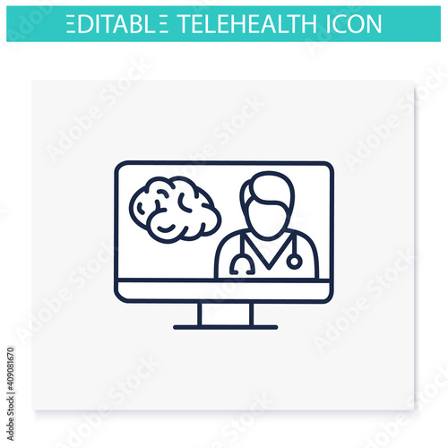 Teleneurology line icon. Telehealth medical care. Virtual neurologist consultation. Telemedicine, health care concept. Online medicine, neuroscience. Isolated vector illustration. Editable stroke 