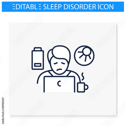 Daytime fatigue line icon. Narcolepsy. Sleep disorder. Healthy sleeping concept. Sleep problems treatment. Falling asleep in day time. Stress. Powerlessness. Isolated editable vector illustration