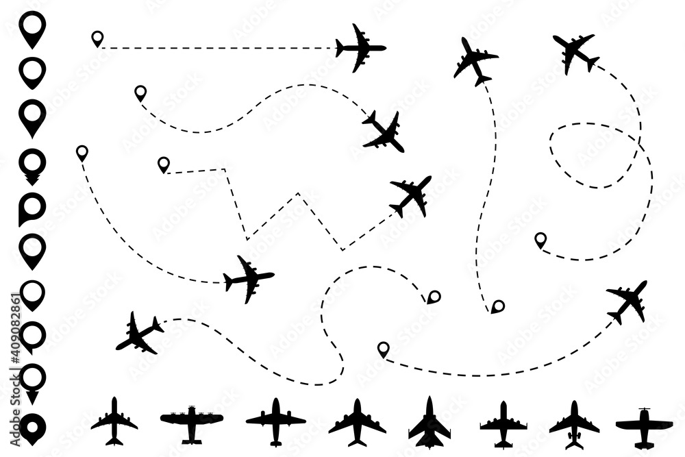 Plane dotted path and map pin collection. Big option of different map pins and airplanes. Travel and tourism concept. Vector set