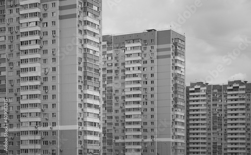 Panel high-rise apartment building exterior in Russia black and white