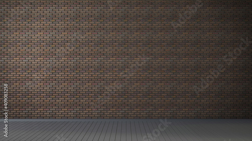Empty room with red brick wall and wooden floor. 3d illustration