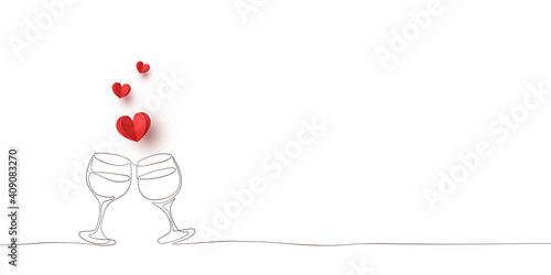 Valentine's Day greeting card with empty space. Red paper flying hearts and wine glases on white background. Vector symbols of love with one line drawing banner template