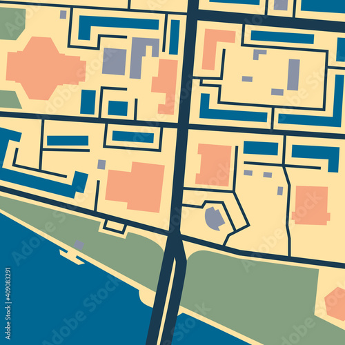 Sunny beach. City map in contrasting colors (yellow, green, blue, orange, black) for use as a background for magazines, books, clothes. Minimalistic abstract design. Can be used to create a pattern. 