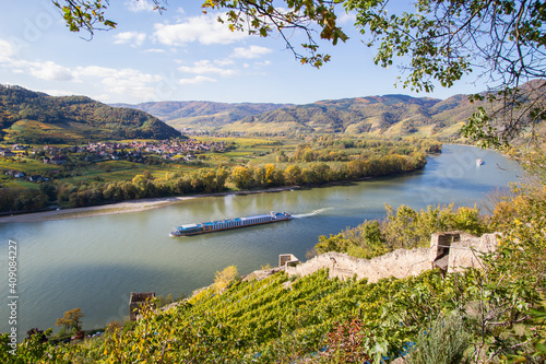 Aerial view of the Wachau vinery and  Danube river region in Austria
