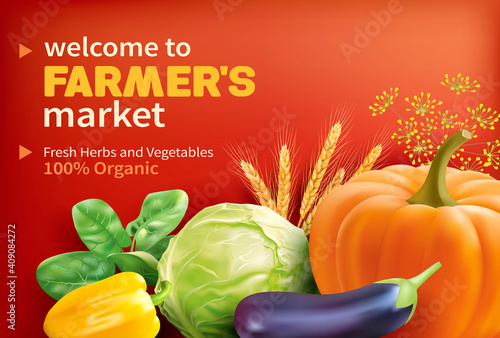 Advertising for farmer’s market with group of vegetables. Vector illustration.