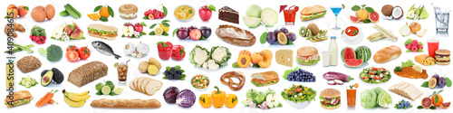 Food and drink collection background collage healthy eating fruits vegetables banner fruit drinks isolated