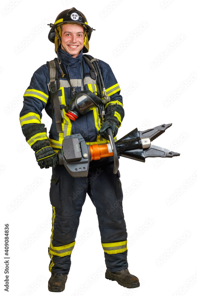 Full body young brave man in uniform and hardhat of firefighter holds cordless combined tool for spreading, cutting and squeezing and looking at camera with smile isolated on white background Full body young brave man in uniform and hardhat of firefighter holds cordless combined tool for spreading, cutting and squeezing and looking at camera with smile isolated on white background
