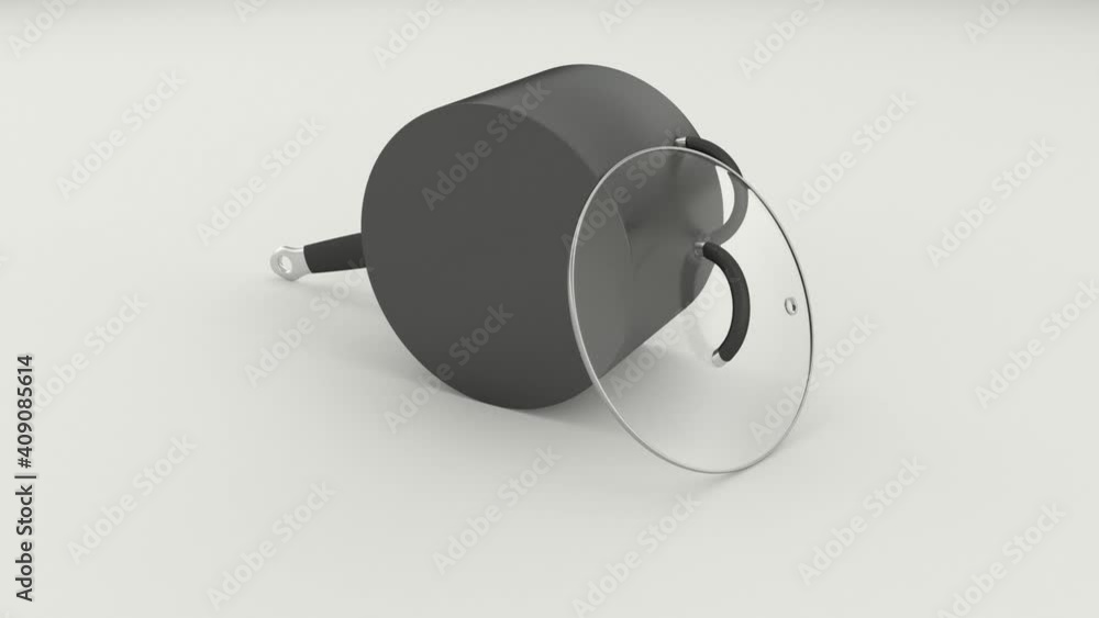 Animated rotating around non stick or cast iron deep pot or saucepot with glass lid and with one long stainless still handle with heat protecting rubber and against white background Animated rotating around non stick or cast iron deep pot or saucepot with glass lid and with one long stainless still handle with heat protecting rubber and against white background