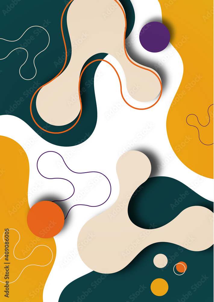 Colorful geometric background design. Composition of flowing shapes with trendy colors. Design for poster, page, flyer, cover. Vector